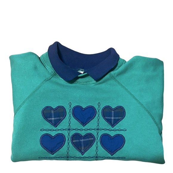 Vintage Hanes Cottagecore Heart Sweatshirt Green Blue 90s Made in USA XL - Picture 12 of 13